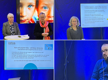 Fyra personer deltar i en paneldiskussion om barns psykiska hälsa, med presentationer på skärmar i bakgrunden.