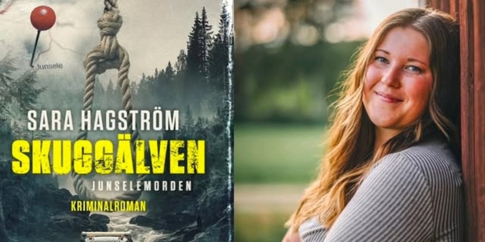 Bokomslag till 'Skuggälven' av Sara Hagström bredvid en person som lutar sig mot en vägg utomhus.
