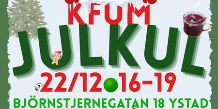 Affisch för julfirande på KFUM-huset i Ystad med tomte, granar och information om aktiviteter och sponsorer.