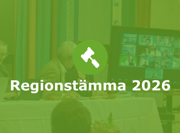 Möte med personer vid ett bord och deltagare på skärm, texten 'Regionstämma 2026' syns.