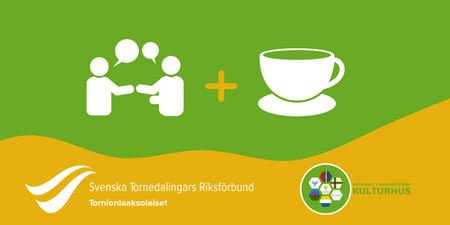 Illustration av två personer som samtalar och en kopp kaffe, med logotyper och text på svenska och meänkieli.