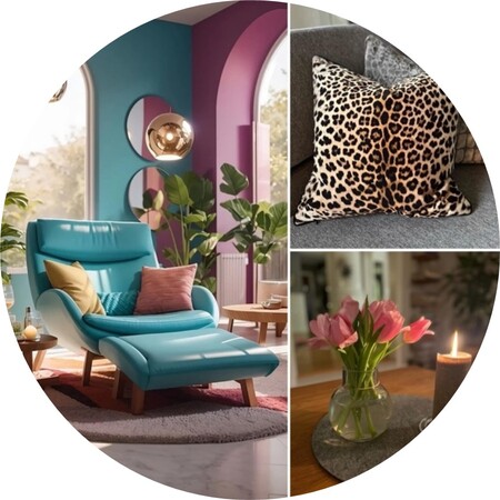 Ett collage med en turkos fåtölj, leopardmönstrad kudde och vas med rosa tulpaner på ett bord med tändt ljus.