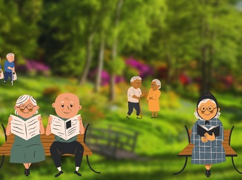 Illustration av äldre personer som sitter på bänkar och promenerar i en grönskande park.