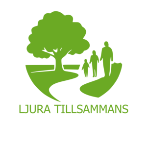Grön logotyp med ett träd, tre personer som promenerar på en stig och texten 'Ljura Tillsammans'.