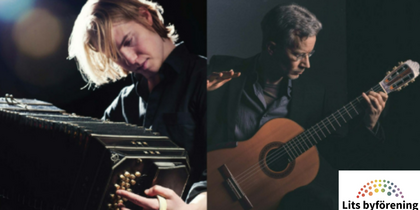 Två personer spelar musik, en på bandoneon och en på gitarr, mot mörk bakgrund. Logotyp för Lits byförening syns i hörnet.