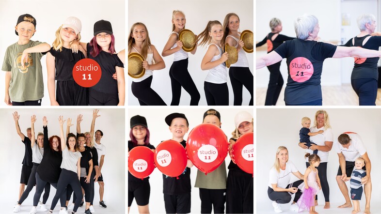 Kollage av dansgrupper i olika åldrar som poserar och dansar i ljusa kläder på Studio 11.