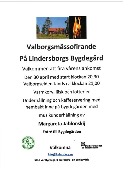 Affisch för Valborgsmässofirande på Lindersborgs Bygdegård med information om tid, plats och aktiviteter.
