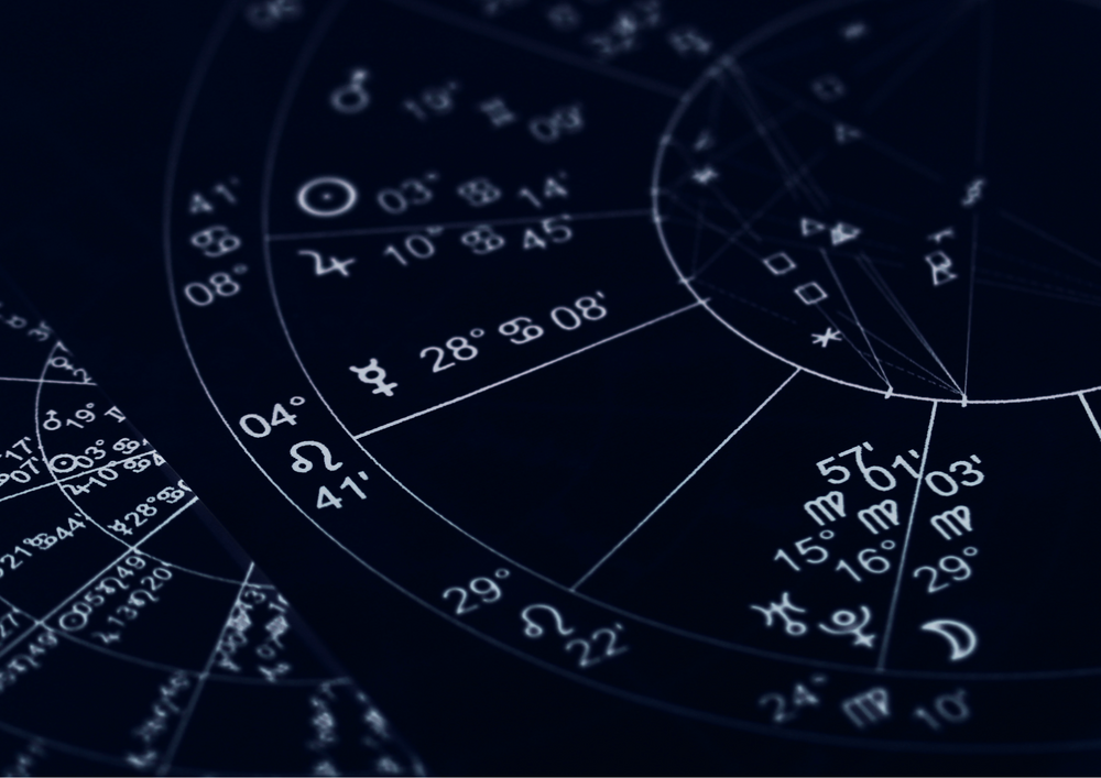 Närbild av ett astrologiskt födelsediagram med zodiaksymboler och grader mot mörk bakgrund.