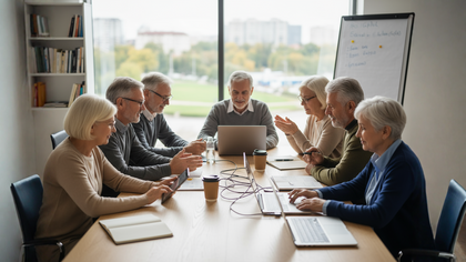 En grupp äldre personer sitter runt ett konferensbord och har ett möte med laptops och anteckningsblock.