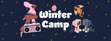 Illustration med texten 'Winter Camp', en dansande person, en boombox, en cupcake, en drake och två datorer med skor mot mörk stjärnhimmel.