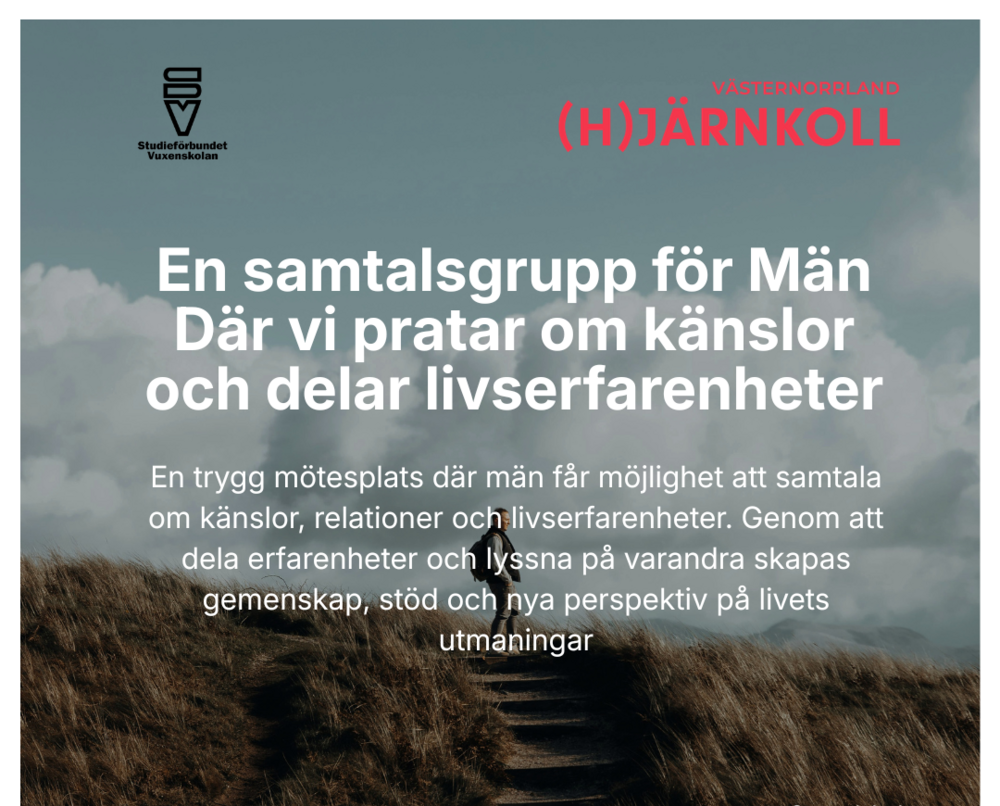 Affisch för samtalsgrupp för män om känslor och livserfarenheter, med text mot bakgrund av en stig i naturen.