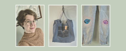 Tre bilder: en person med glasögon, en väska av återvunnen denim och ett par jeans med färgglada lappar på knäna.