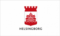 Helsingborgs stadsvapen i rött och vitt med texten 'Helsingborg' under.