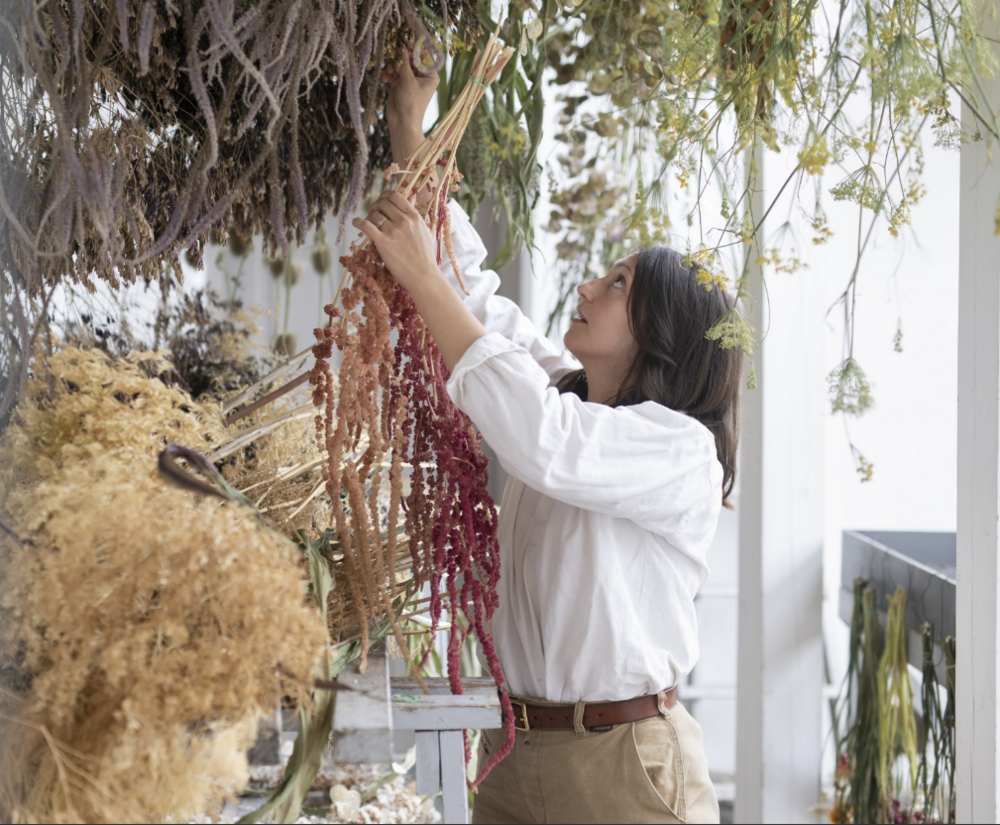 Person hänger upp torkade blommor i ett ljust rum fyllt med växter.
