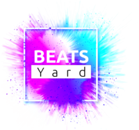 Texten 'BEATS Yard' i vitt på en färgstark bakgrund med blå och lila färgexplosion.