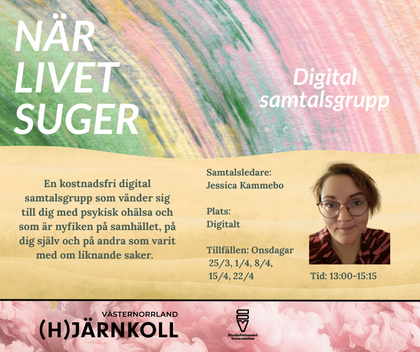 Affisch för digital samtalsgrupp om psykisk ohälsa med information om datum, tid och samtalsledare.