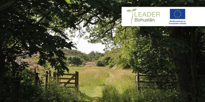 Grönskande landskap med träd, gräs och en trägrind, samt logotyper för Leader Bohuslän och EU.