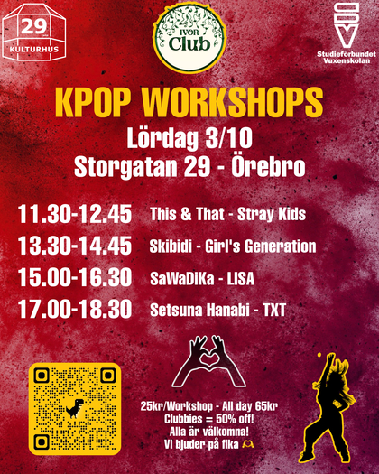 Affisch för KPOP workshops i Örebro med tider, låtar och artister, samt information om plats och pris.