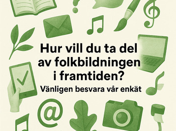 Text om framtidens folkbildning omgiven av gröna ikoner som bok, dator, kamera och musiknoter.