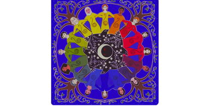 Cirkulär illustration med personer i regnbågens färger, omgivna av träd på blå bakgrund.