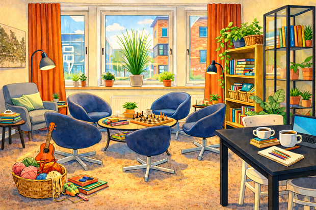 Färgglad och hemtrevlig läshörna med blå stolar, böcker, växter, schackbräde och garnkorg i ett soligt rum.