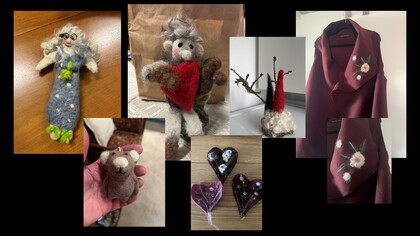 Flera handgjorda tovade ullfigurer och dekorationer, inklusive dockor, hjärtan och en kappa med blommor.