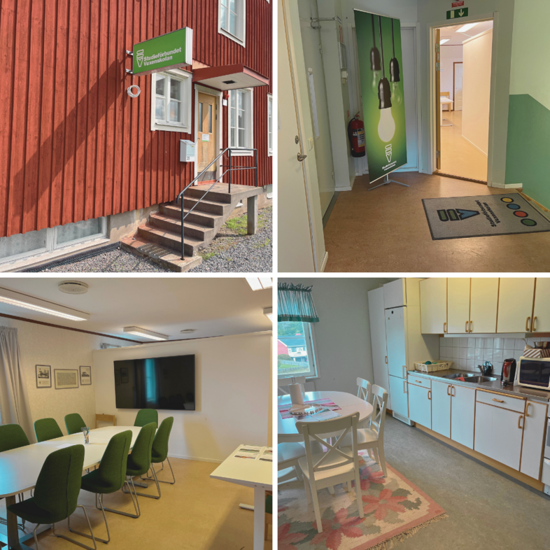 Fyra bilder visar en röd byggnad, en hall, ett mötesrum och ett kök i en kontorsmiljö.