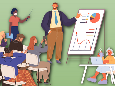 Illustration av en presentation med en person som visar diagram för en publik och en person som arbetar vid ett skrivbord.
