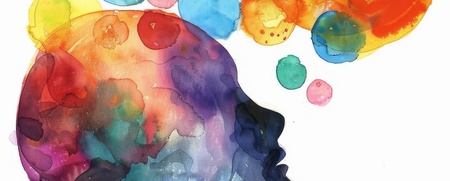 Abstrakt akvarellmålning av ett människohuvud med färgglada bubblor som symboliserar tankar.