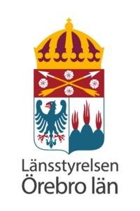 Länsstyrelsen Örebro läns vapensköld med krona, örn, vapen och text under.