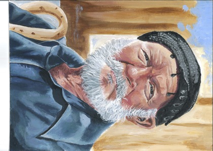 Porträtt av äldre grekisk man med vitt skägg, svart mössa och blå skjorta, håller en käpp.