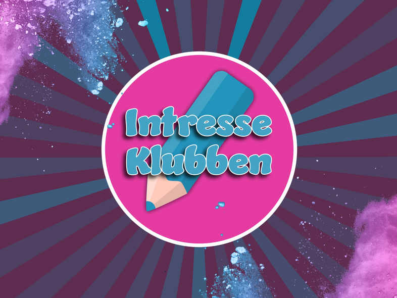 Logotyp med texten 'Intresse Klubben' på rosa cirkel, blå krita och färgstänk i bakgrunden.