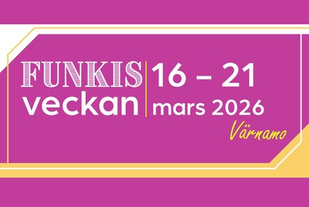 Affisch med texten 'Funkisveckan 16–21 mars 2026 Värnamo' på lila bakgrund.