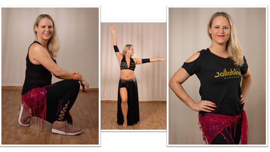 Tre bilder på en kvinna som dansar och poserar i träningskläder och magdansdräkt, ansiktet är suddat.