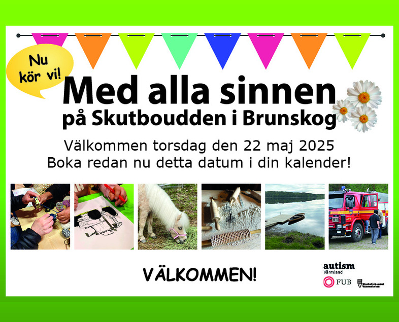 Affisch för evenemanget 'Med alla sinnen' i Brunskog, 22 maj 2025, med bilder på aktiviteter och djur.