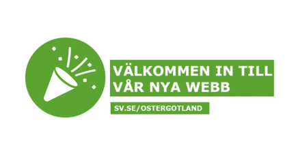 Grön ikon med konfettikanon och texten 'Välkommen in till vår nya webb' samt webbadressen sv.se/ostergotland.