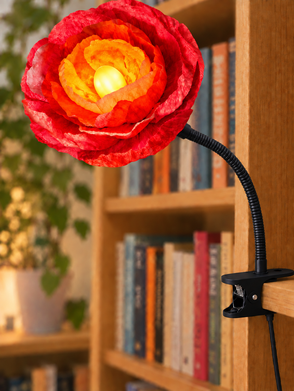 En blomformad lampa med klämfäste sitter fast på en bokhylla, omgiven av böcker och växter.