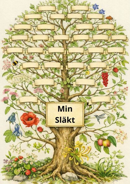 Illustrerad släktträd med tomma namnbrickor och texten 'Min släkt' i mitten.