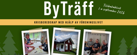 Affisch för ByTräff om krisberedskap med hjälp av föreningslivet, med foton på samtal, bystuga och gruppdiskussion.