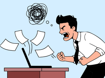 Illustration av en arg kontorsarbetare som står vid ett skrivbord och skriker på en laptop, papper flyger i luften.