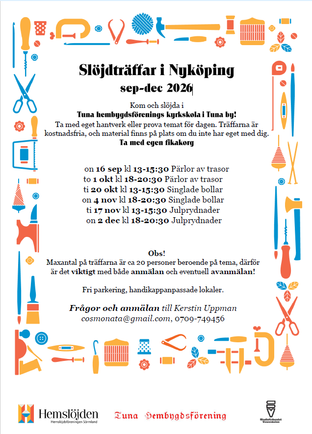 Affisch för slöjdträffar i Nyköping hösten 2026 med datum, tider och kontaktuppgifter, dekorerad med färgglada slöjdverktyg.