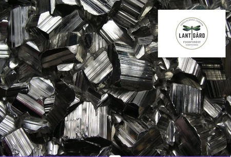 Närbild av glänsande metalliska mineraler med en logotyp för Lantgård i övre högra hörnet.
