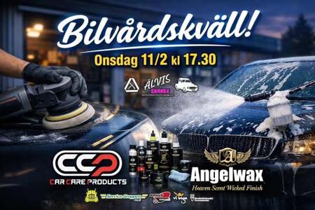 Reklamaffisch för bilvårdskväll med polering, biltvätt och bilvårdsprodukter, datum och tid anges.