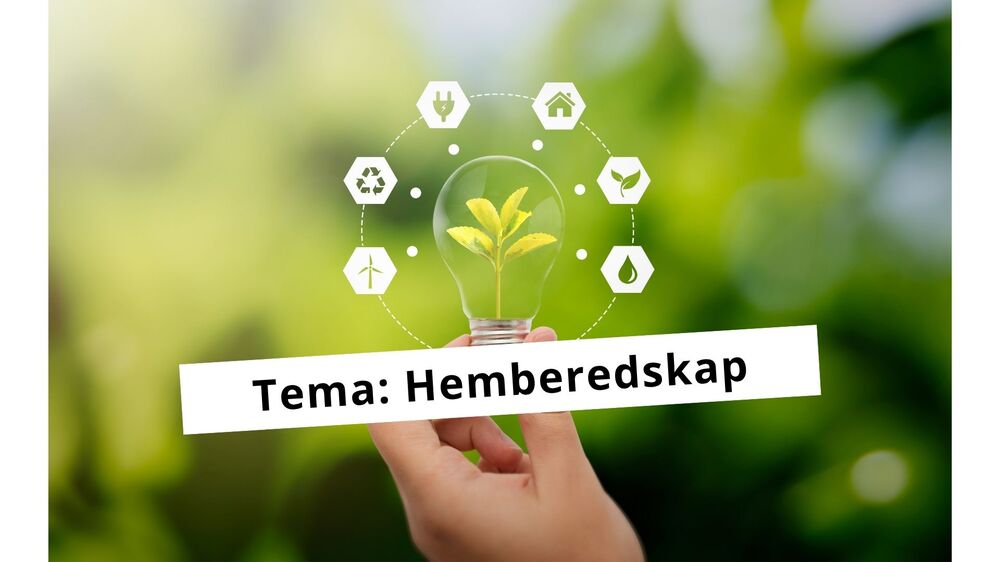 En hand håller en liten planta med gröna blad, omgiven av ikoner för hållbarhet och texten 'Tema: Hemberedskap'.