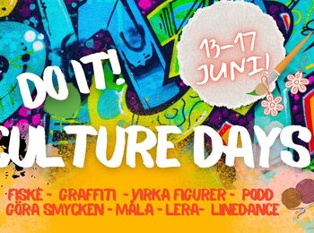 Färgglad affisch för Culture Days 13–17 juni med graffiti, text och aktiviteter som fiske, graffiti och linedance.