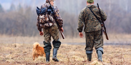Två jägare i kamouflagekläder och en hund går på ett fält med gevär på ryggen, ryggen mot kameran.