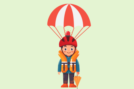 Tecknad person med fallskärm, hjälm och flytväst står på ljus bakgrund och håller ett paraply.