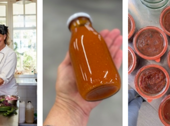 Tre bilder: en kock förbereder grönsaker, en hand håller en flaska sås, och flera burkar med tomatsås på ett bord.