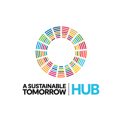 Logotyp med färgglad cirkel och texten 'A Sustainable Tomorrow HUB' på vit bakgrund.