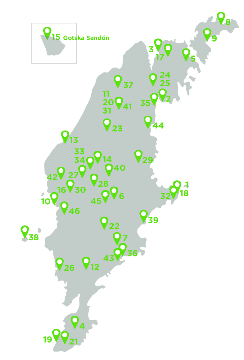 Karta över Gotland med markerade platser, numrerade 1–46 samt Gotska Sandön.